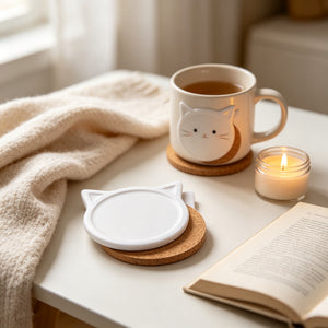 Custom Printed Cat Head Shaped Absorbent Ceramic Coasters with Non-Slip Cork Backing